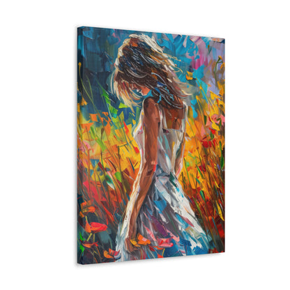 a girl standing in flower field Digital Oil Painting Print Canvas Gallery Wraps