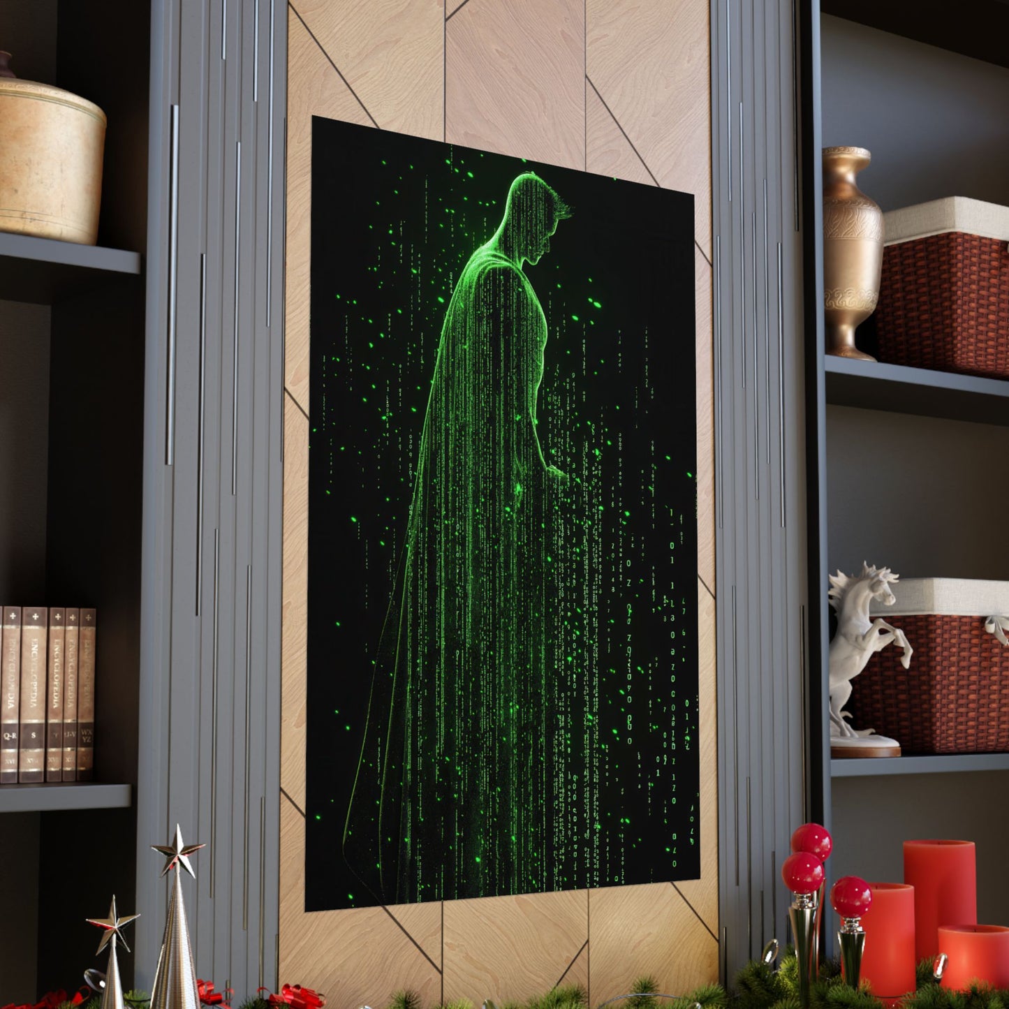 Neon Code Guardian: 3D Glitch Superman Matrix Effect - Digital Illustration Matte Vertical Poster