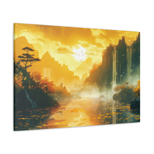 Dreamy Landscape Sunset with Waterfall and Mountains - Digital Illustration Canvas Gallery Wraps