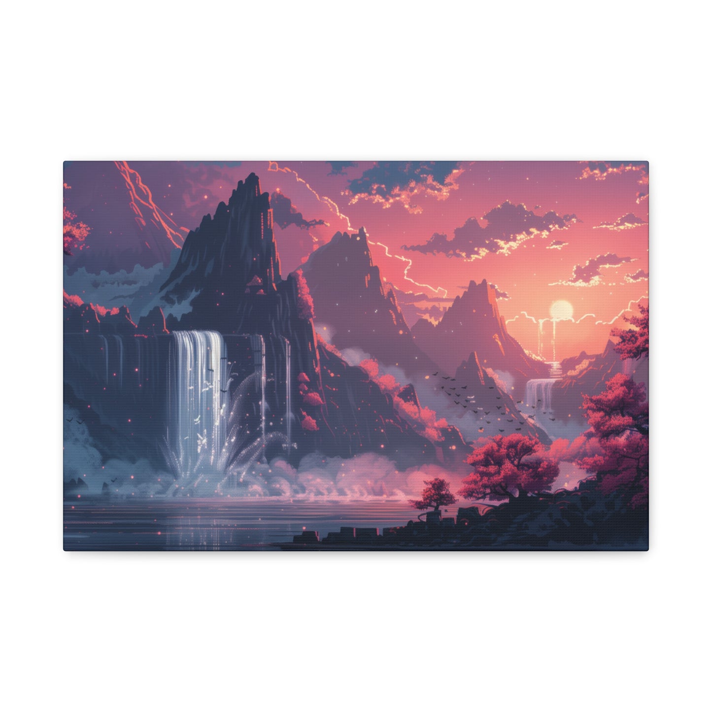 Dreamy Landscape Sunset with Waterfall and Mountains - Digital Illustration Canvas Gallery Wraps