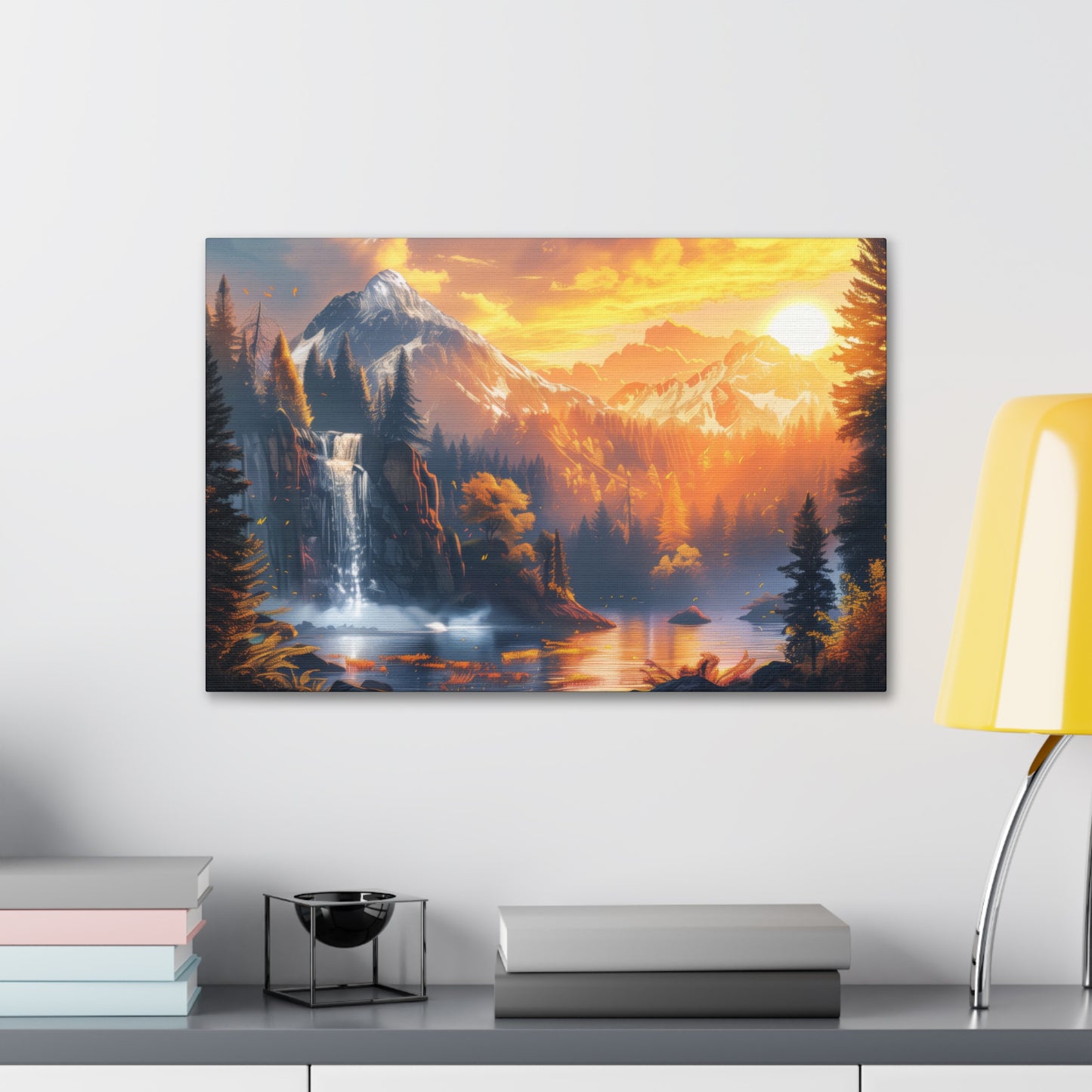 Dreamy Landscape Sunset with Waterfall and Mountains - Digital Illustration Canvas Gallery Wraps