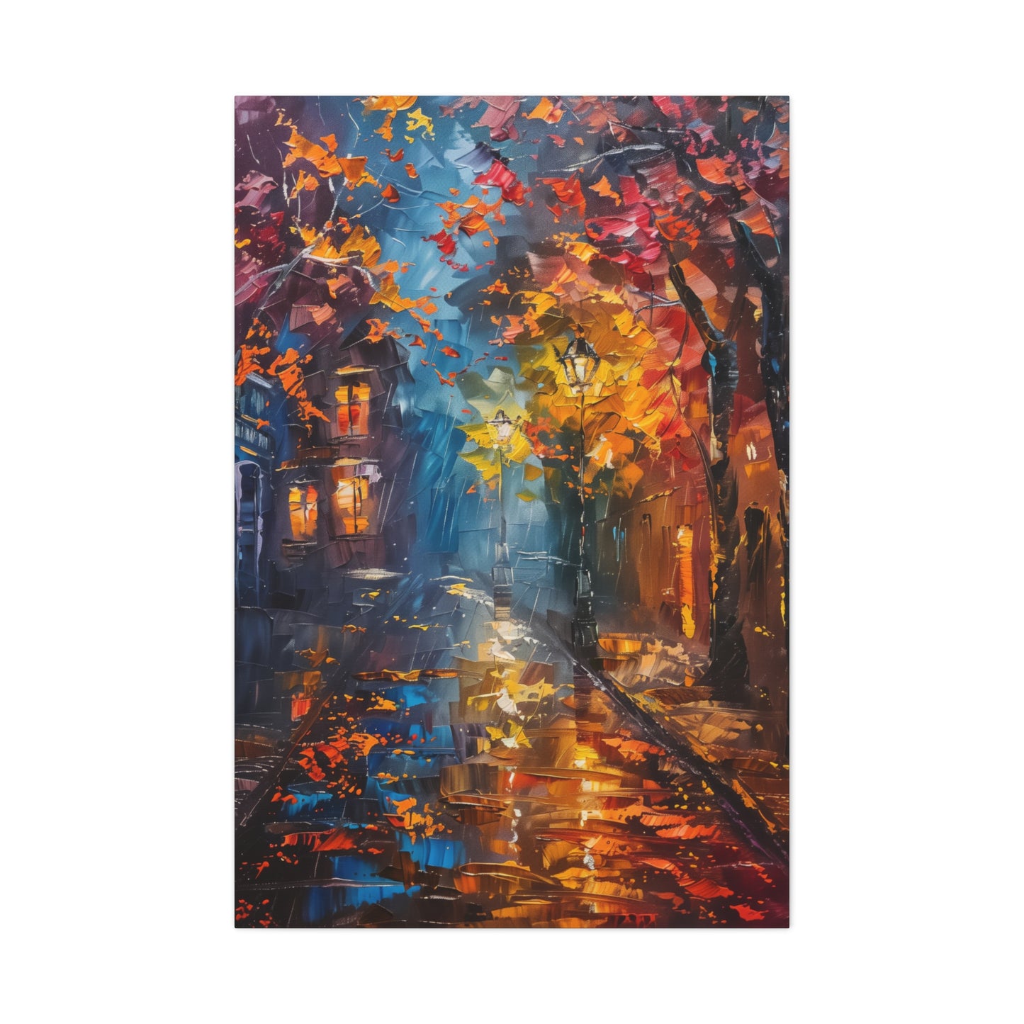 Nighttime Street in Autumn - Leonid Afremov Style Digital Oil Painting Canvas Gallery Wraps