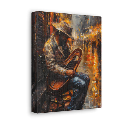 Street Harpist - Rembrandt Style Digital Oil Painting Canvas Gallery Wraps