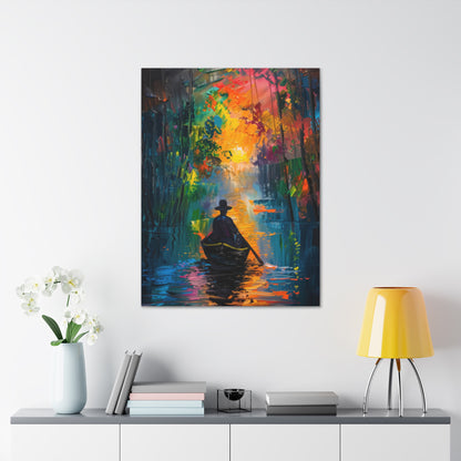 Man Sailing in a Boat in a Autumn Forest River - Claude Monet Style Digital Print Canvas Gallery Wraps