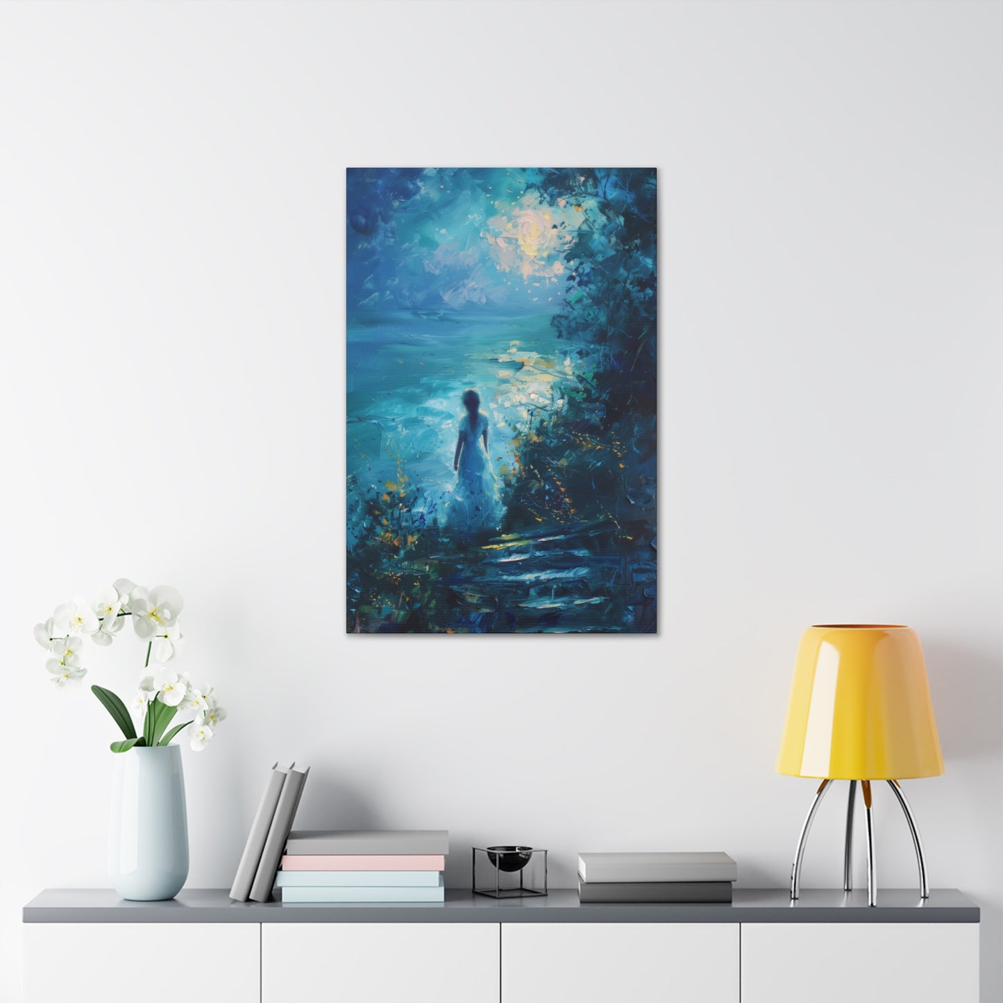 Woman looking at sea night time Digital Oil Painting Print Canvas Gallery Wraps