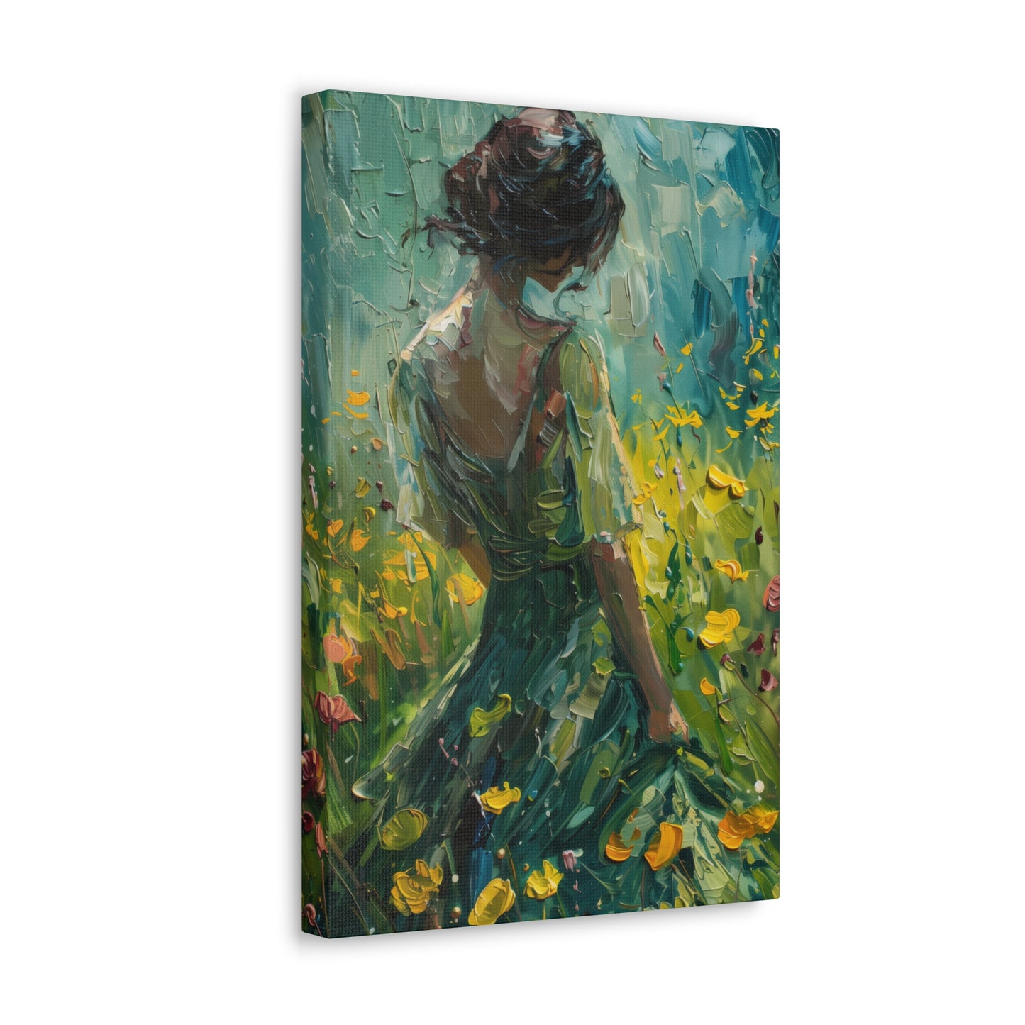 girl in a flower field wearing a green dress Digital Oil Painting Print Canvas Gallery Wraps