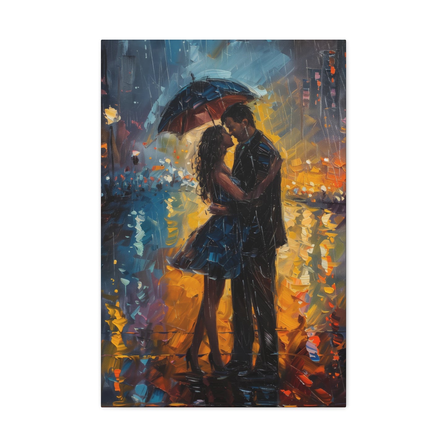 couple in the city streets in a rainy day with umbrella - Leonid Afremov Style Digital Print Canvas Gallery Wraps