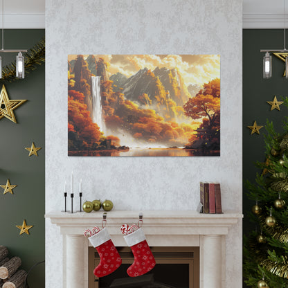 Dreamy Landscape Sunset with Waterfall and Mountains - Digital Illustration Canvas Gallery Wraps