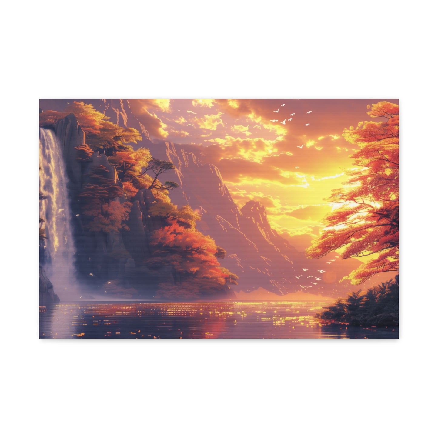 Dreamy Landscape - Waterfall and Mountains in Golden Morning Illustration Canvas Gallery Wraps