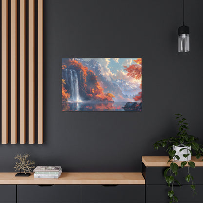 Dreamy Landscape Sunset with Waterfall and Mountains - Digital Illustration Canvas Gallery Wraps