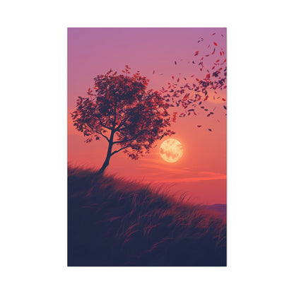 Tree in a Purple Sunset Digital Illustration Canvas Gallery Wraps