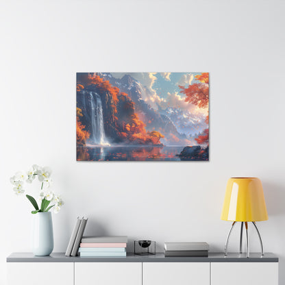 Dreamy Landscape Sunset with Waterfall and Mountains - Digital Illustration Canvas Gallery Wraps