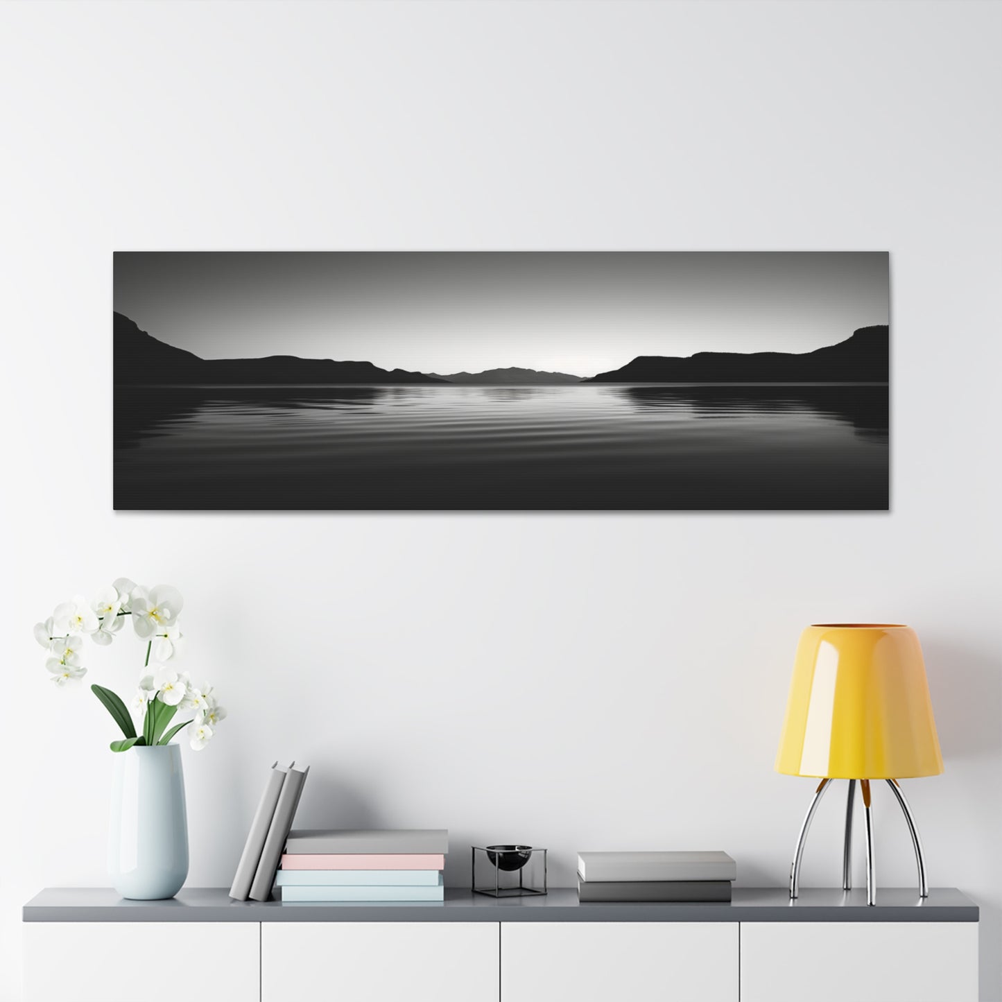 Lake with Mountains - Black and White Landscape Panorama Canvas Gallery Wraps