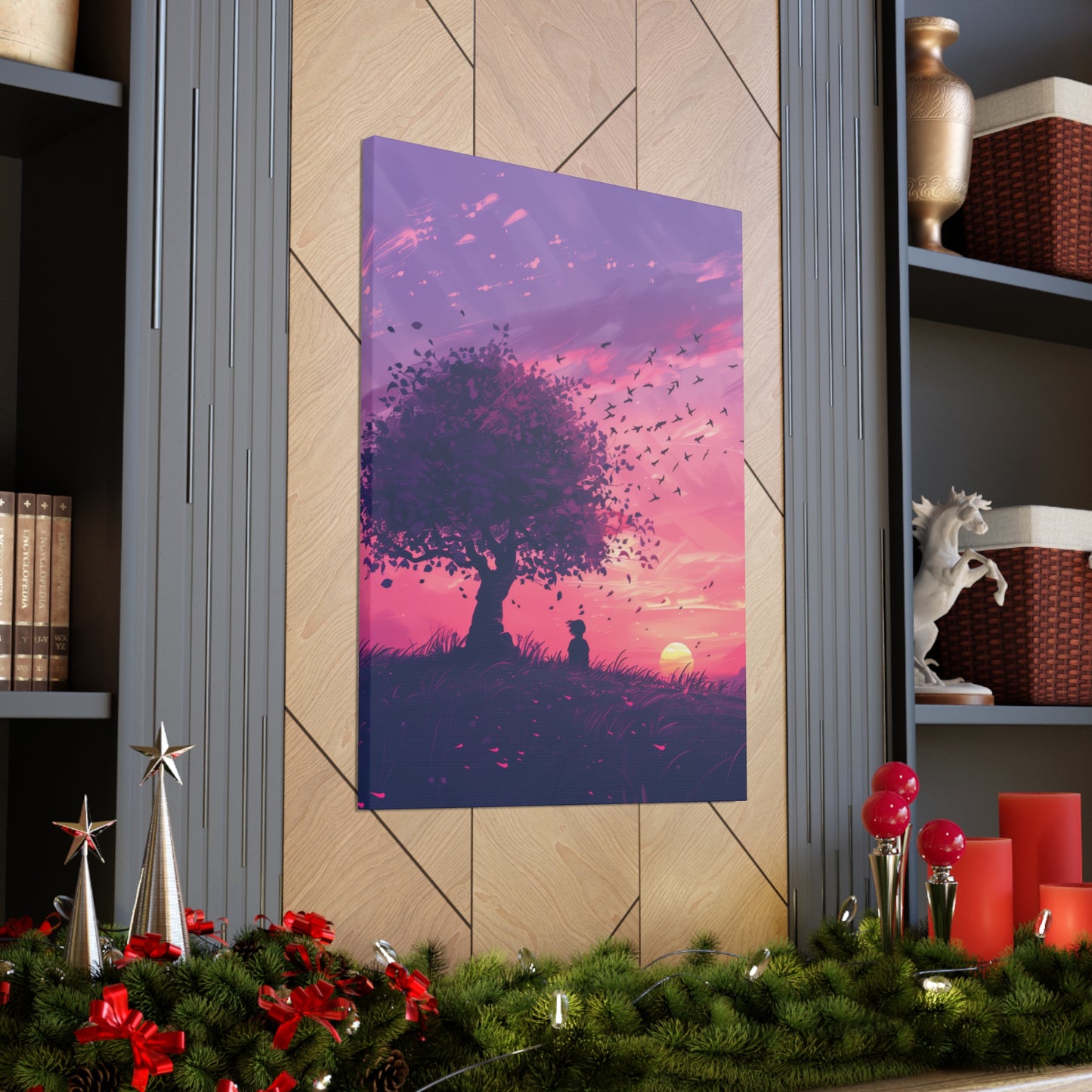 Tree in a Purple Sunset Digital Illustration Canvas Gallery Wraps