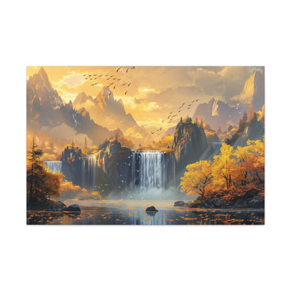 Dreamy Landscape Sunset with Waterfall and Mountains - Digital Illustration Canvas Gallery Wraps