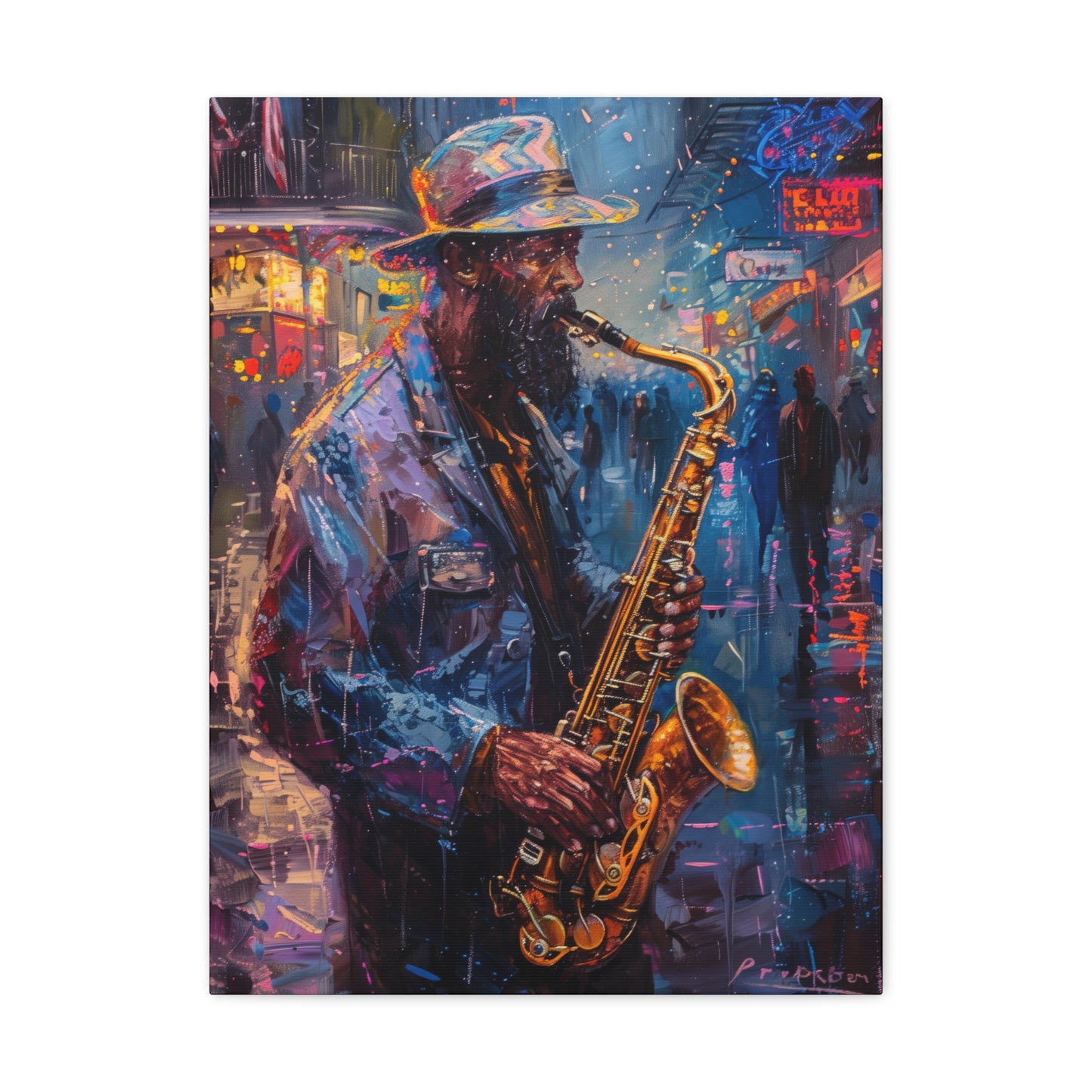 Man Playing Horn on the Street - Rembrandt Style Digital Oil Painting Canvas Gallery Wraps