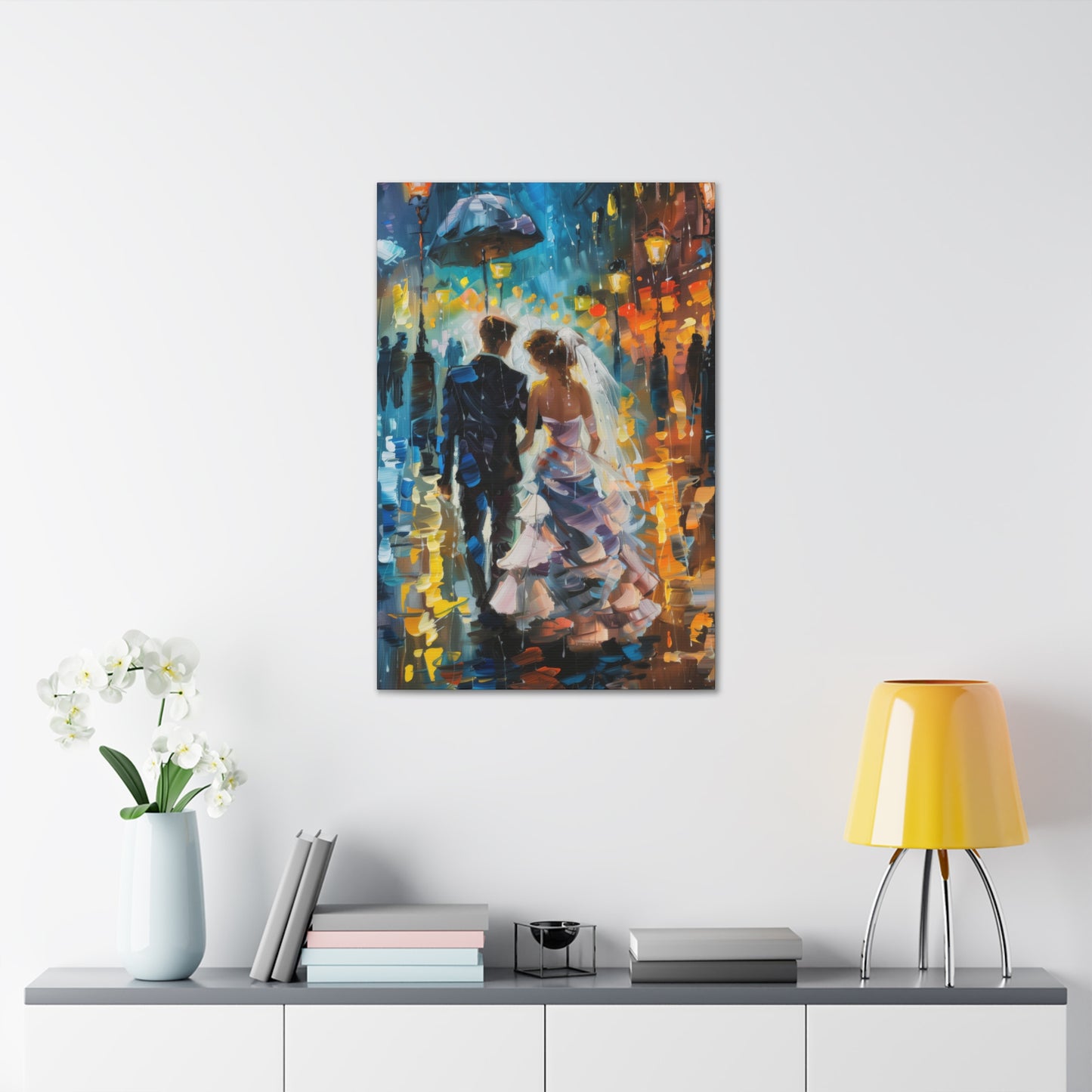 couple walking in street in rain - Leonid Afremov Style Digital Print Canvas Gallery Wraps