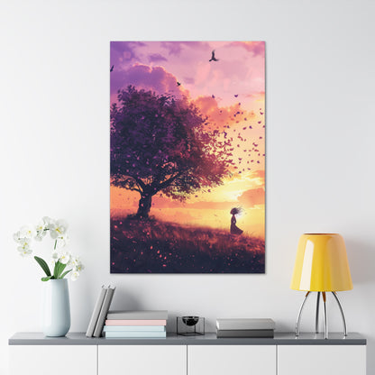 Tree in a Purple Sunset Digital Illustration Canvas Gallery Wraps