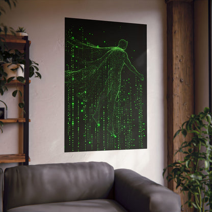 Neon Code Guardian: 3D Glitch Superman Matrix Effect - Digital Illustration Matte Vertical Poster