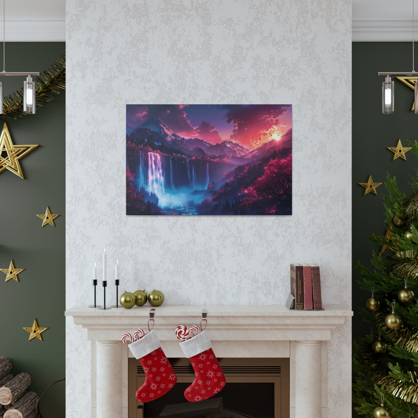 Dreamy Landscape Sunset with Waterfall and Mountains - Digital Illustration Canvas Gallery Wraps