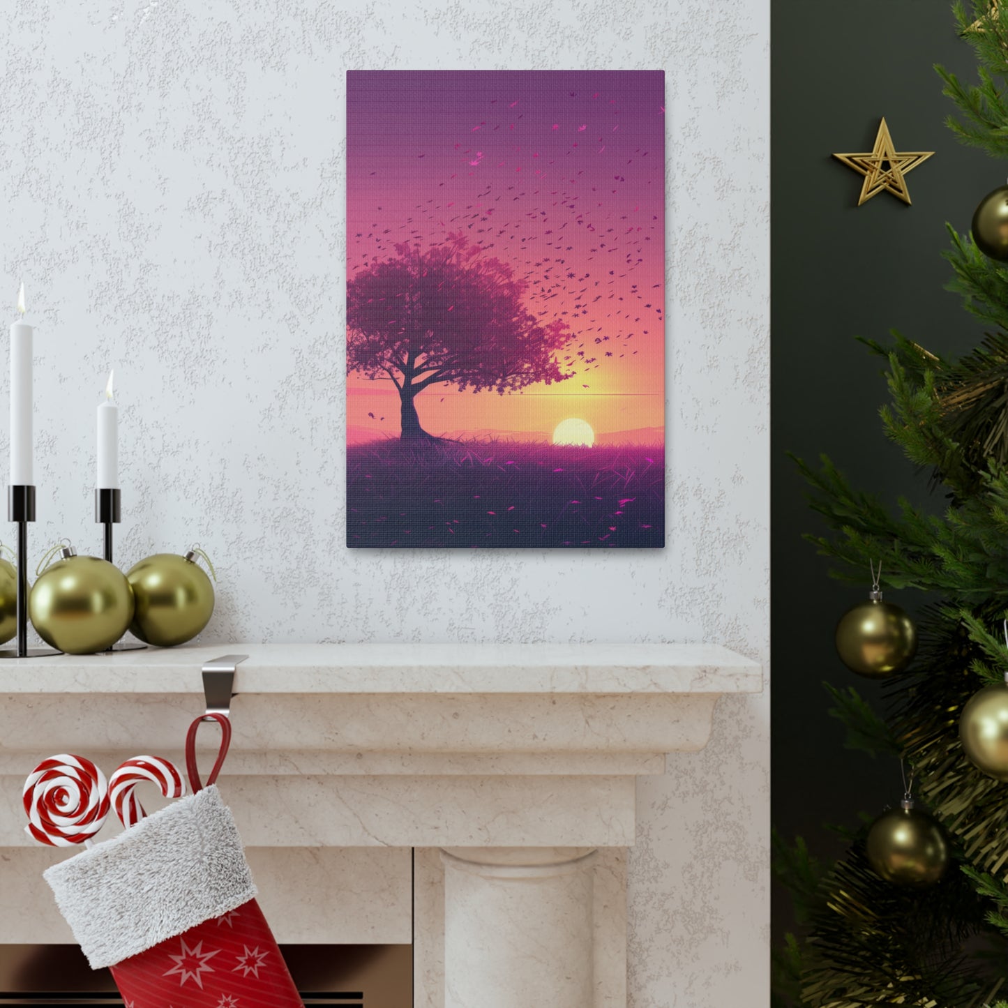 Tree in a Purple Sunset Digital Illustration Canvas Gallery Wraps