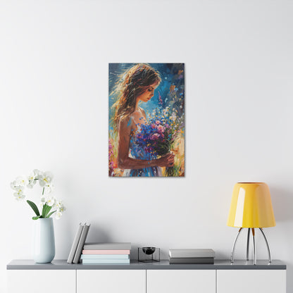 girl holding a flower bouquet - Leonid Afremov Style Digital Print Canvas Gallery Wraps