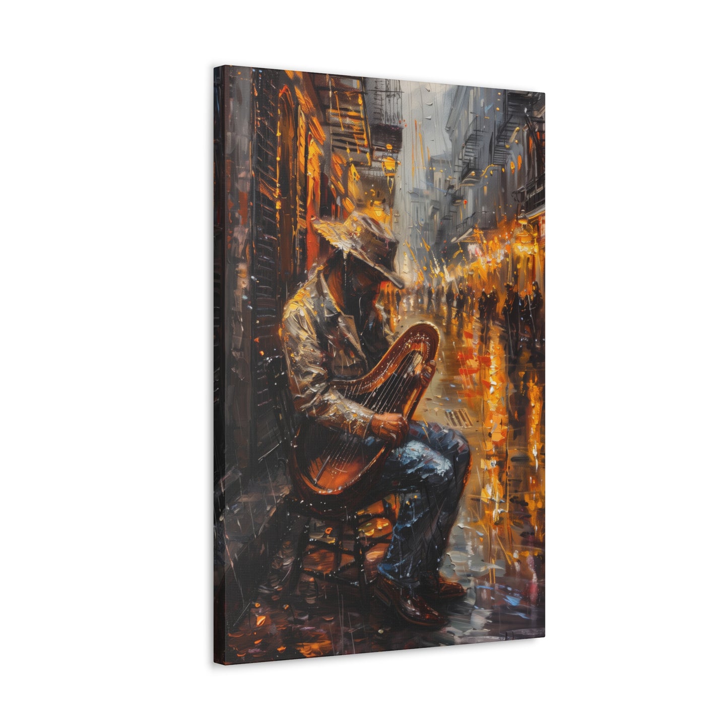 Street Harpist - Rembrandt Style Digital Oil Painting Canvas Gallery Wraps