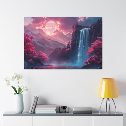 Dreamy Landscape Sunset with Waterfall and Mountains - Digital Illustration Canvas Gallery Wraps