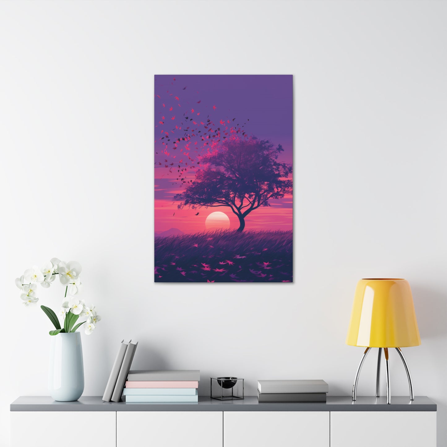 Tree in a Purple Sunset Digital Illustration Canvas Gallery Wraps