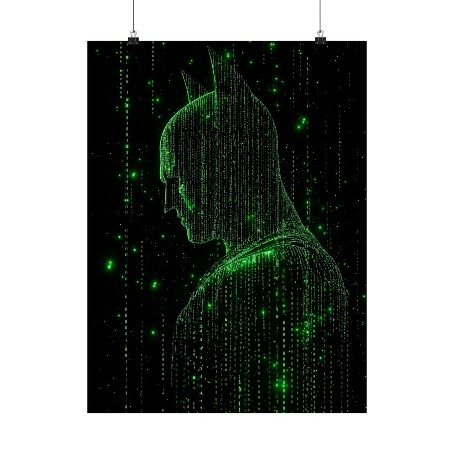 Neon Code Vigilante: 3D Glitch Batman Matrix Effect - Digital Illustration Matte Vertical Poster