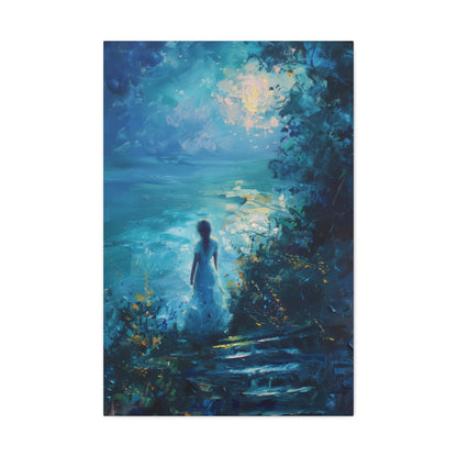 Woman looking at sea night time Digital Oil Painting Print Canvas Gallery Wraps