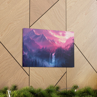 Dreamy Landscape Sunset with Waterfall and Mountains - Digital Illustration Canvas Gallery Wraps