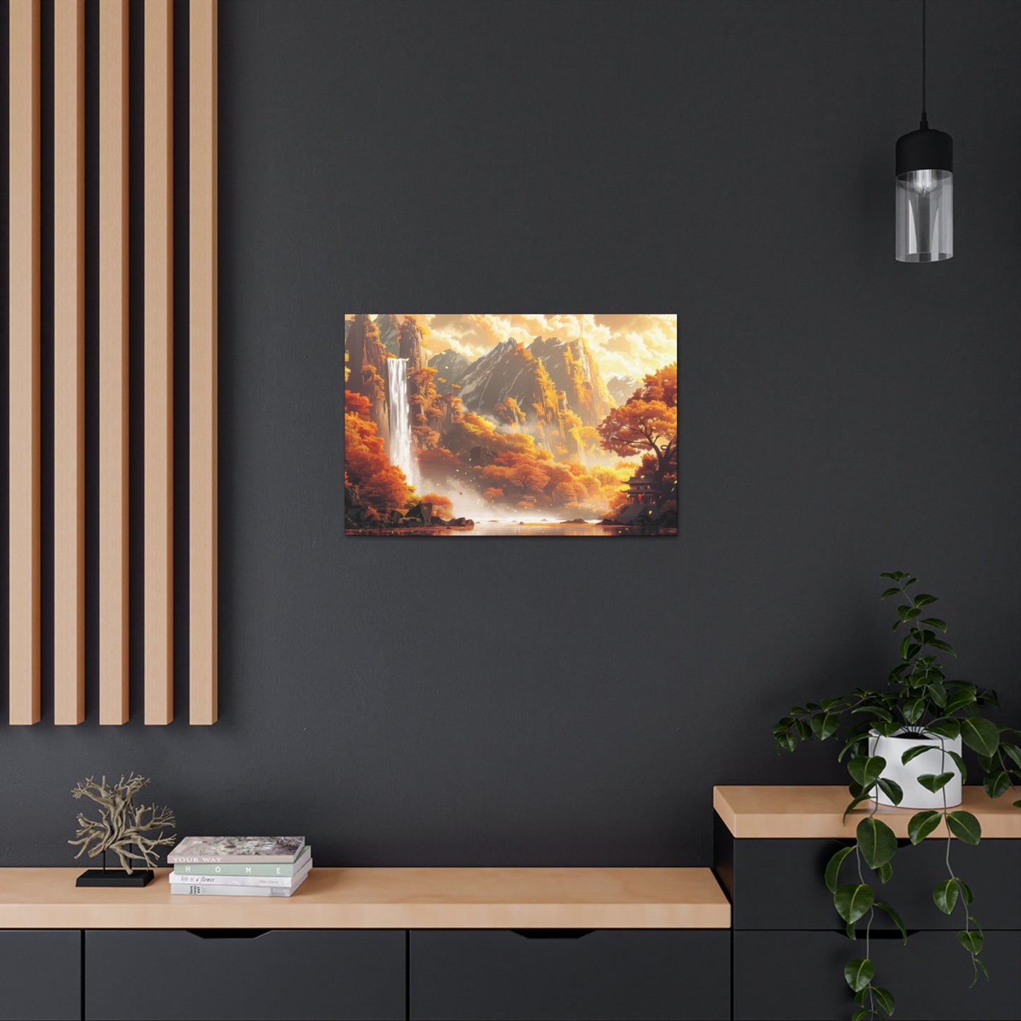 Dreamy Landscape Sunset with Waterfall and Mountains - Digital Illustration Canvas Gallery Wraps