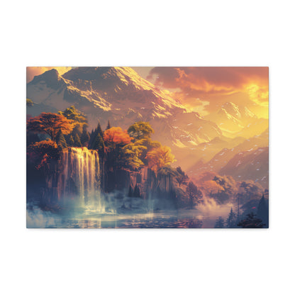 Dreamy Landscape Sunset with Waterfall and Mountains - Digital Illustration Canvas Gallery Wraps