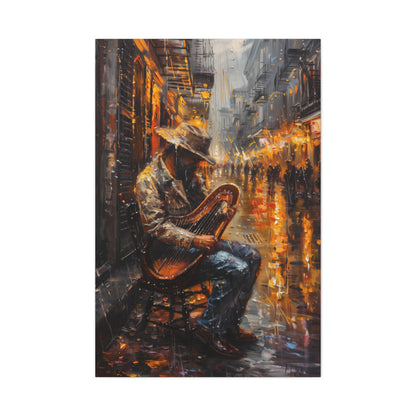 Street Harpist - Rembrandt Style Digital Oil Painting Canvas Gallery Wraps