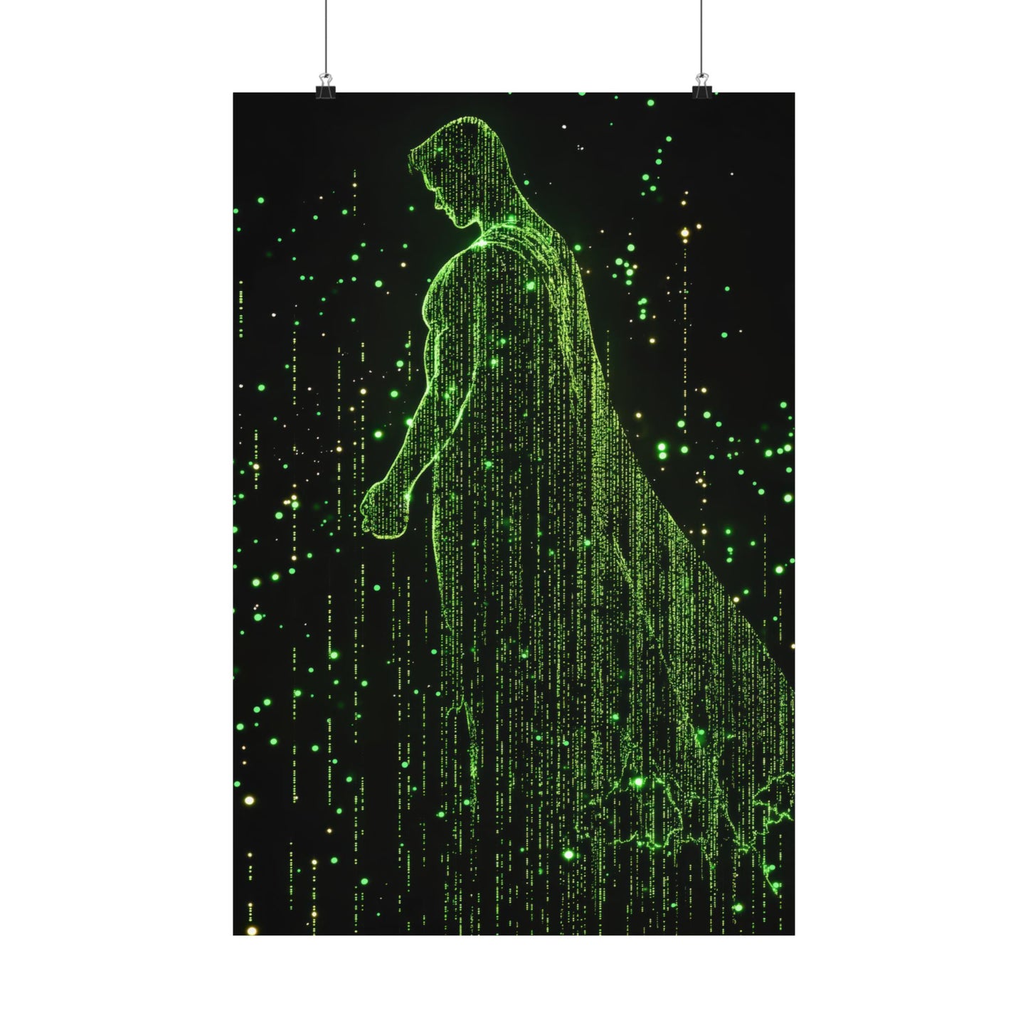 Neon Code Guardian: 3D Glitch Superman Matrix Effect - Digital Illustration Matte Vertical Poster