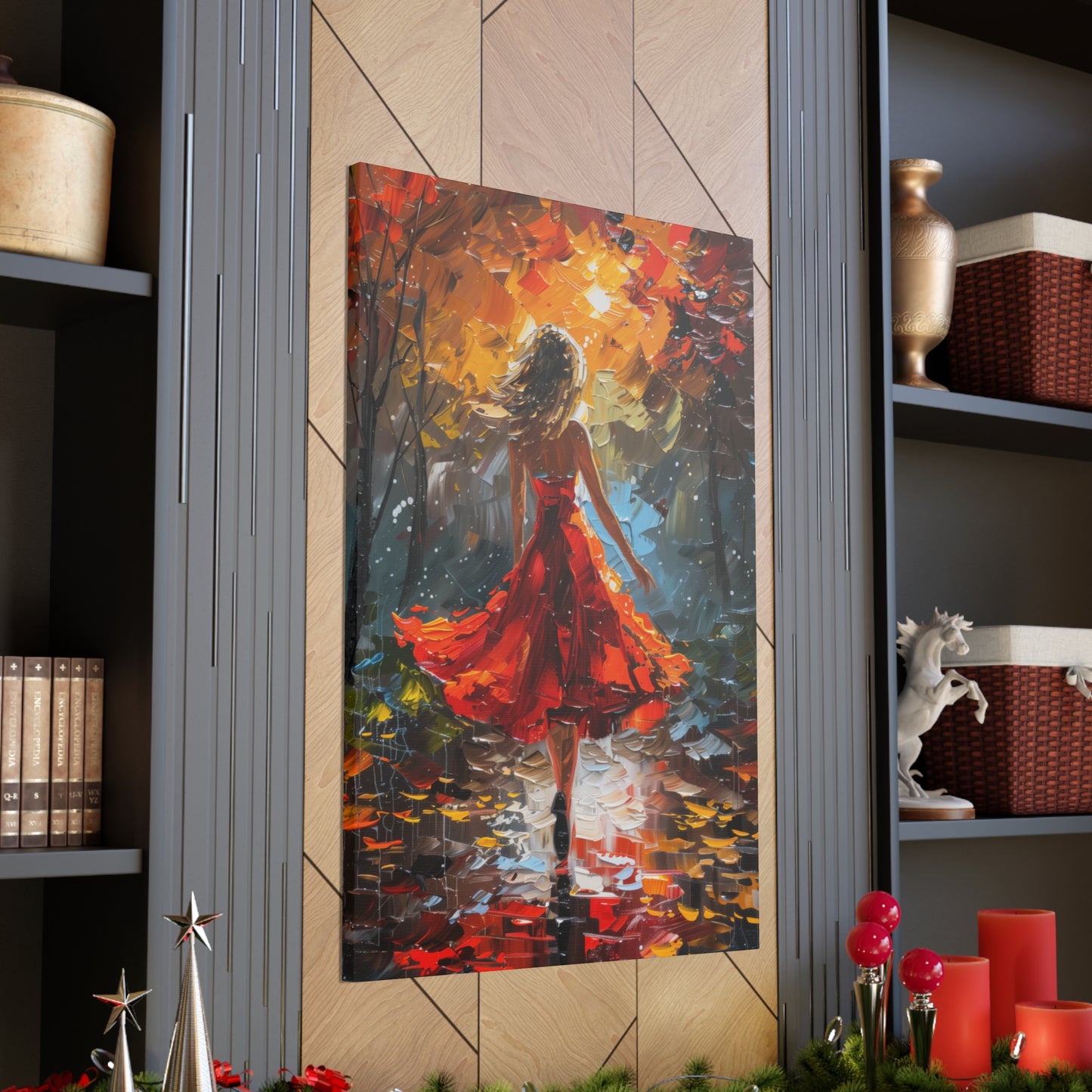 a girl in red dress walking through forest - Leonid Afremov Style Digital Print Canvas Gallery Wraps