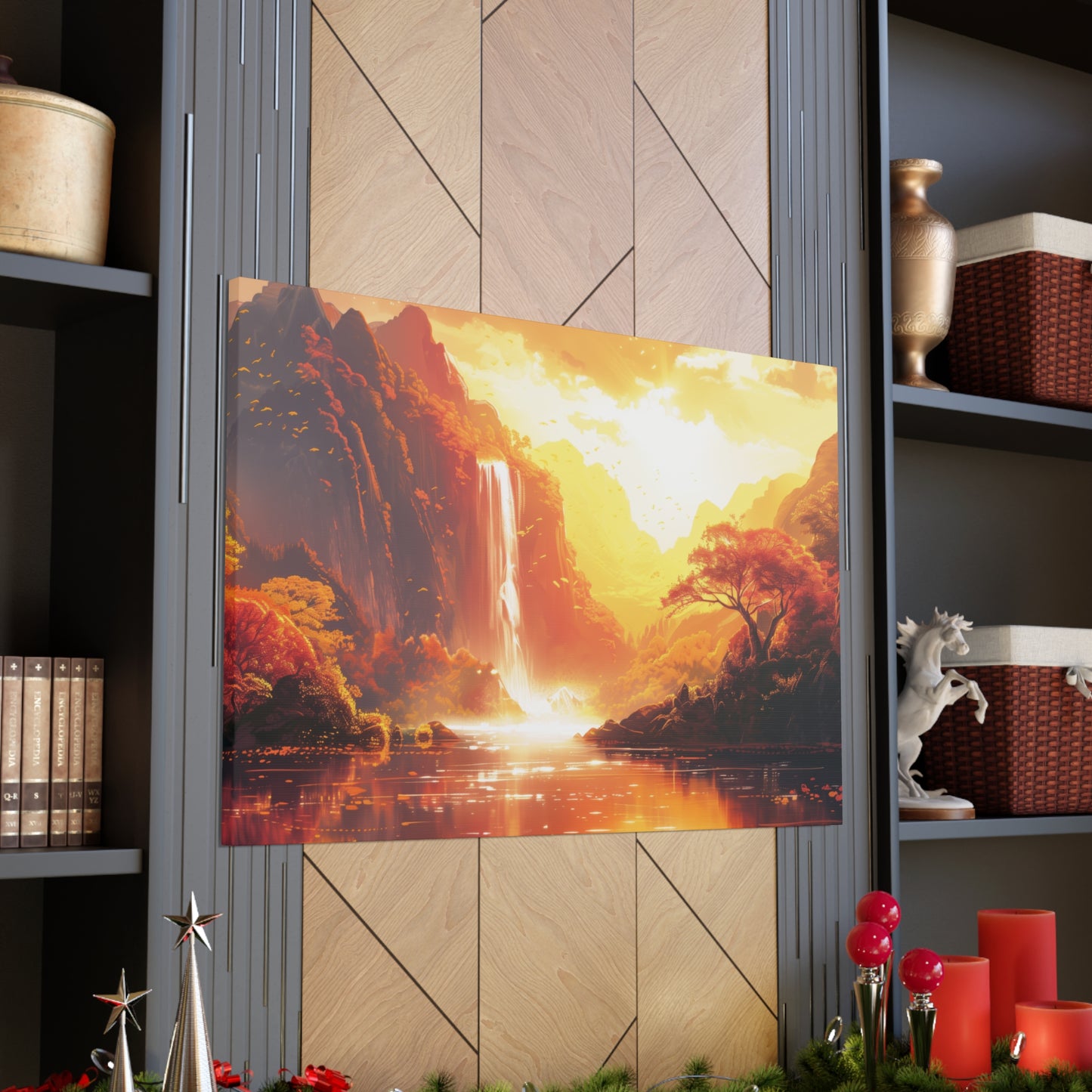 Dreamy Landscape Sunset with Waterfall and Mountains - Digital Illustration Canvas Gallery Wraps