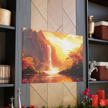 Dreamy Landscape Sunset with Waterfall and Mountains - Digital Illustration Canvas Gallery Wraps