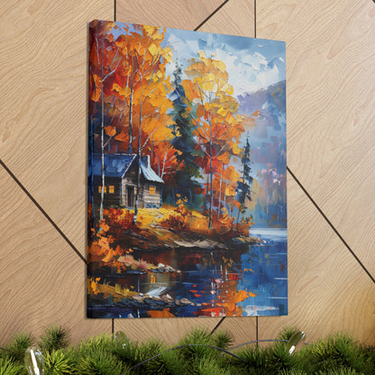 a house near the river which flows through autumn forest - Leonid Afremov Style Digital Print Canvas Gallery Wraps