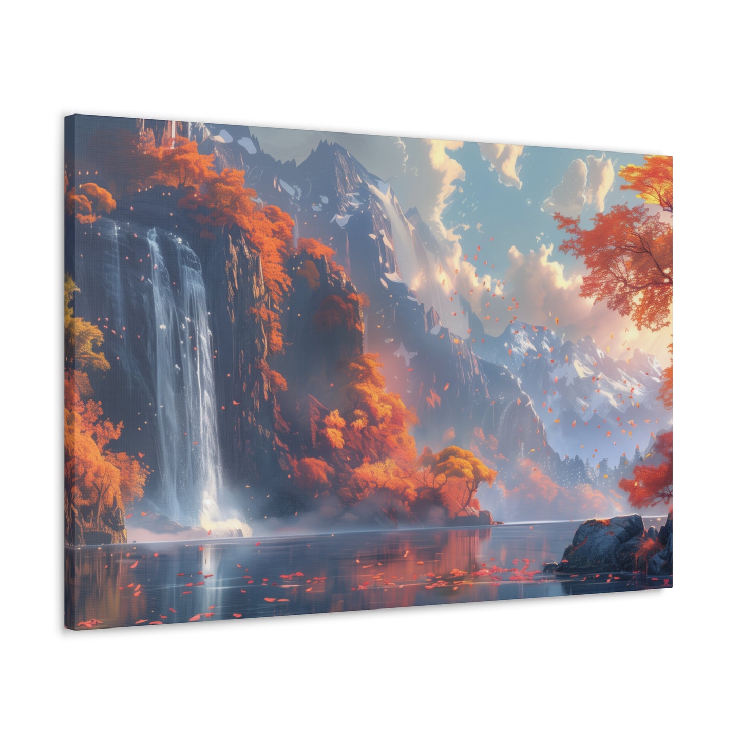 Dreamy Landscape Sunset with Waterfall and Mountains - Digital Illustration Canvas Gallery Wraps