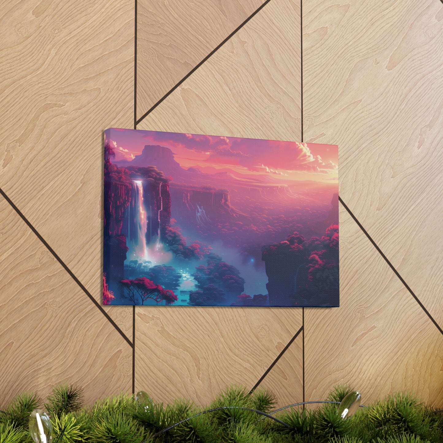 Dreamy Landscape with Waterfall and Mountains - Purple Evening Digital Illustration Canvas Gallery Wraps