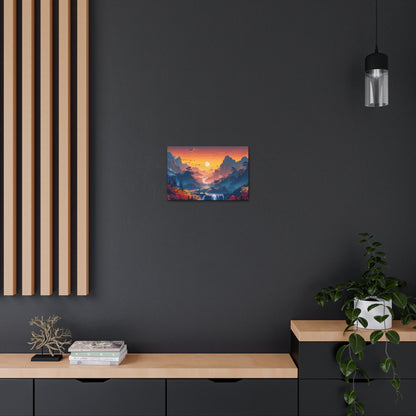 Dreamy Landscape Sunset with Waterfall and Mountains - Digital Illustration Canvas Gallery Wraps