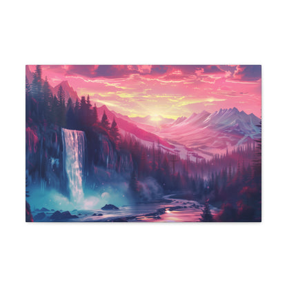 Dreamy Landscape with Waterfall and Mountains - Purple Evening Digital Illustration Canvas Gallery Wraps