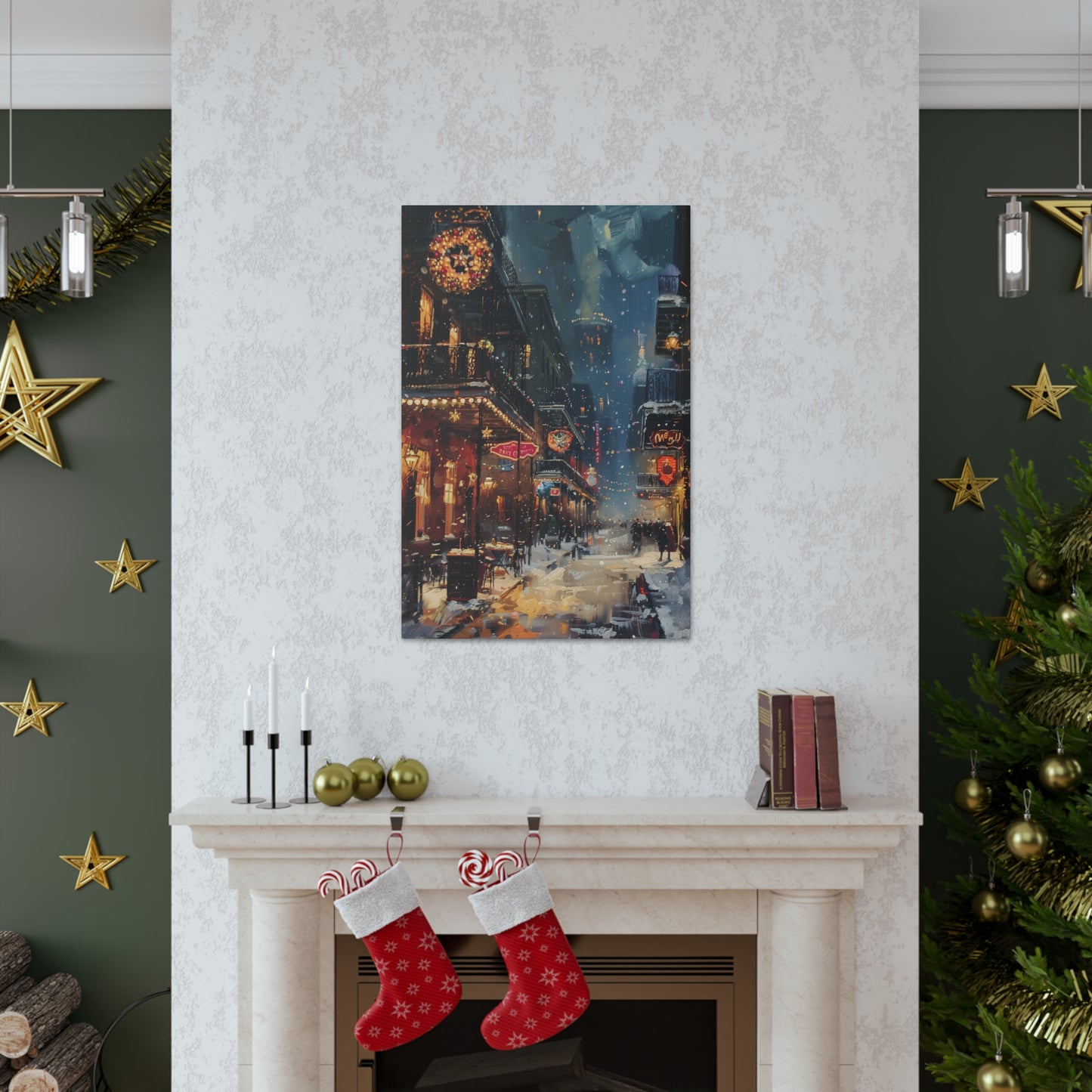 Christmas Time Downtown Street Corner - Rembrandt Style Digital Oil Painting Canvas Gallery Wraps