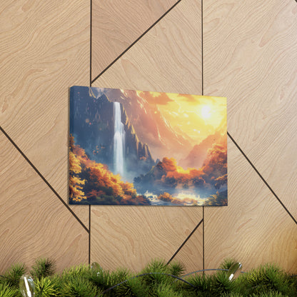 Dreamy Landscape - Waterfall and Mountains in Golden Morning Illustration Canvas Gallery Wraps