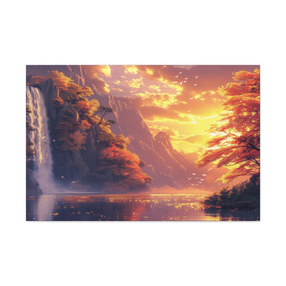 Dreamy Landscape - Waterfall and Mountains in Golden Morning Illustration Canvas Gallery Wraps