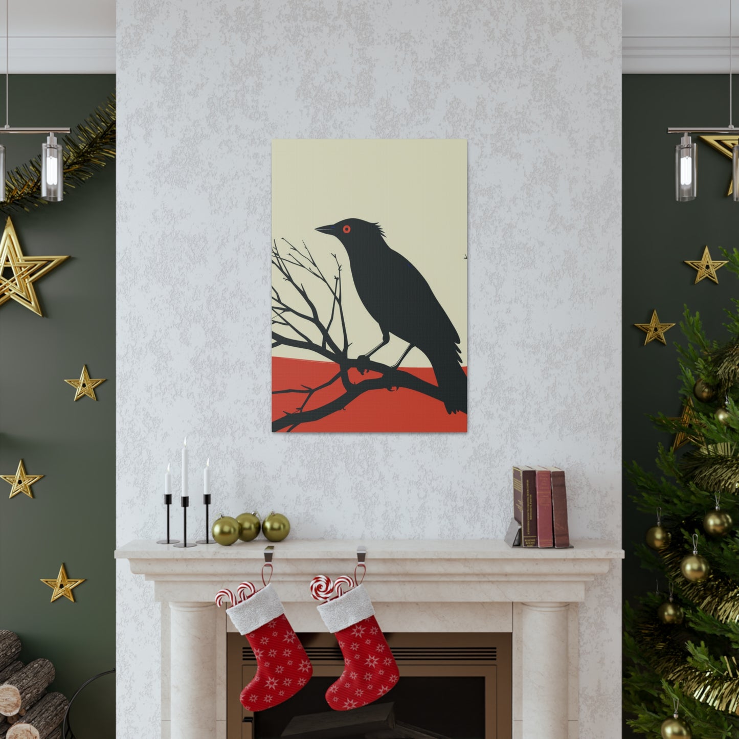 Black Bird Sitting on a Branch Digital Illustration Canvas Gallery Wraps