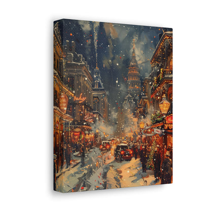 Christmas Street Corner in Downtown - Rembrandt Style Digital Oil Painting Canvas Gallery Wraps