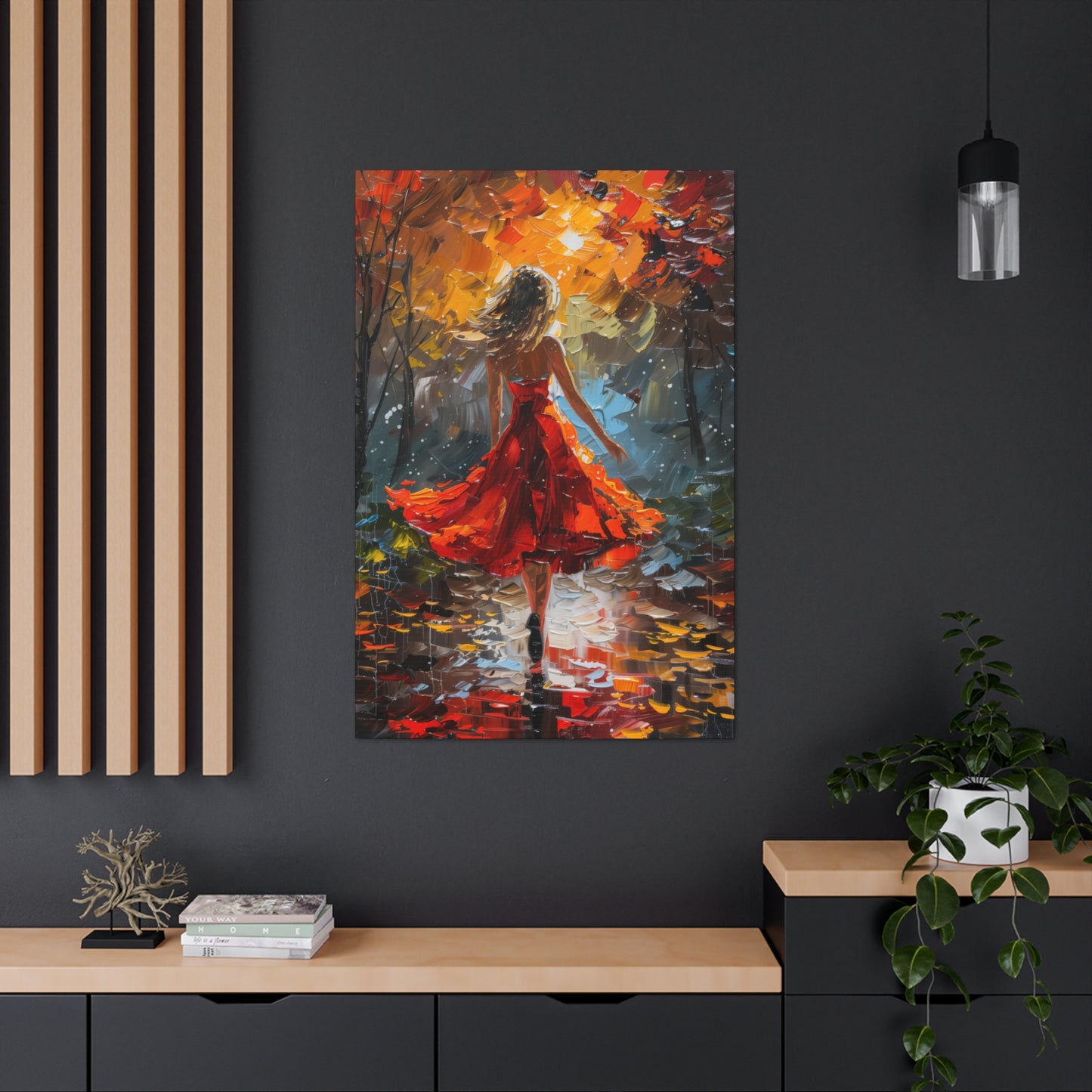 a girl in red dress walking through forest - Leonid Afremov Style Digital Print Canvas Gallery Wraps